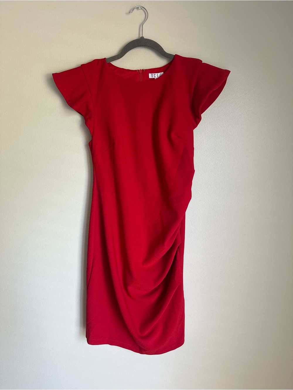 TCEC New Women’s Red Ruched Sheath Dress Flutter Short Sleeve Knee Length Medium